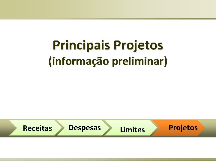 Principais Projetos (informação preliminar) Receitas Despesas Limites Projetos 