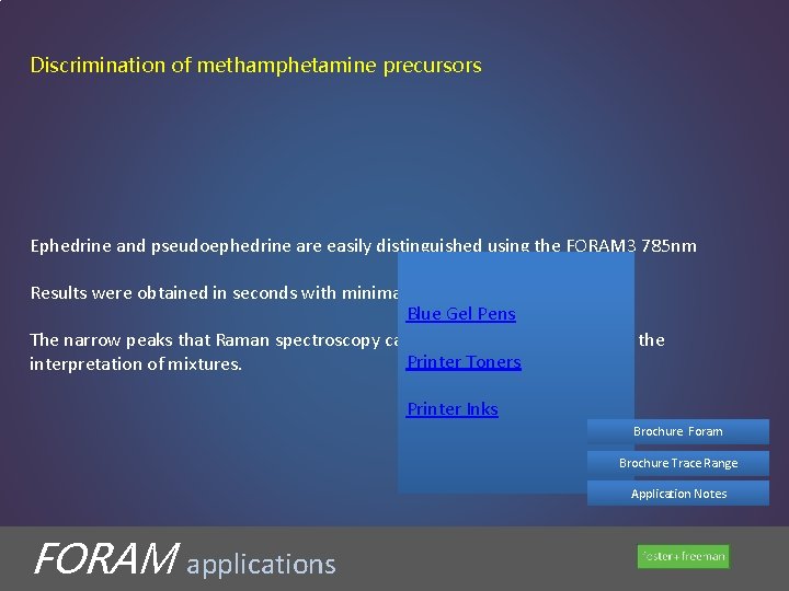 Discrimination of methamphetamine precursors Ephedrine and pseudoephedrine are easily distinguished using the FORAM 3