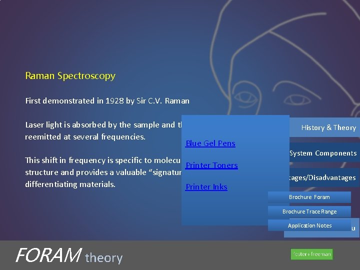 Raman Spectroscopy First demonstrated in 1928 by Sir C. V. Raman Laser light is