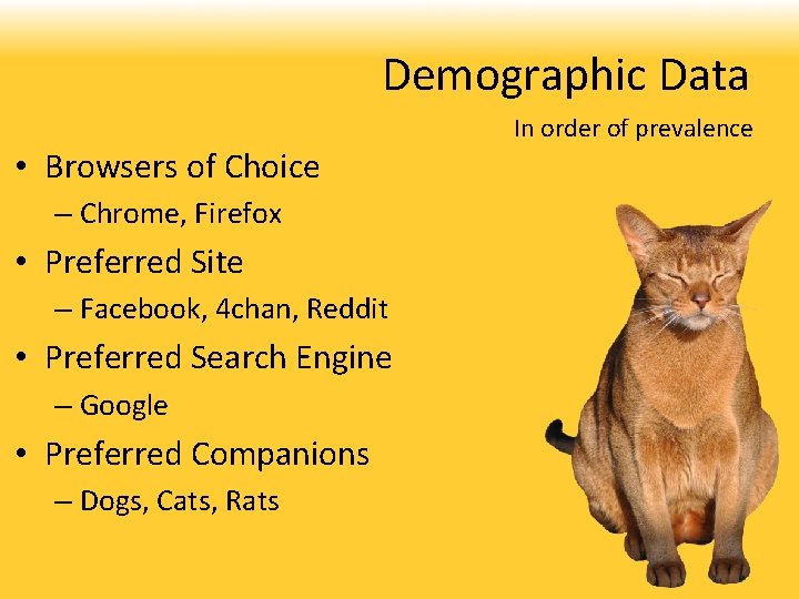 Demographic Data • Browsers of Choice – Chrome, Firefox • Preferred Site – Facebook,