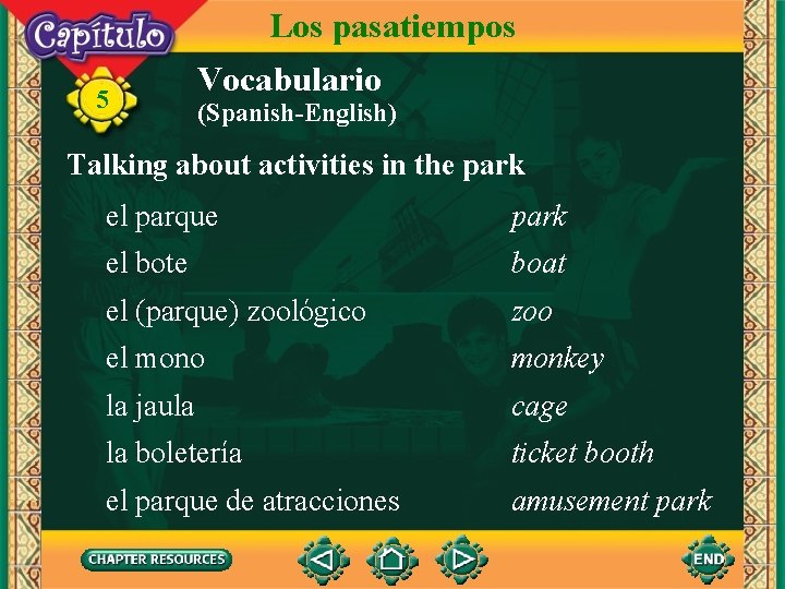 Los pasatiempos 5 Vocabulario (Spanish-English) Talking about activities in the park el parque park