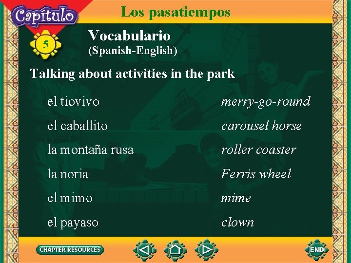 Los pasatiempos 5 Vocabulario (Spanish-English) Talking about activities in the park el tiovivo merry-go-round