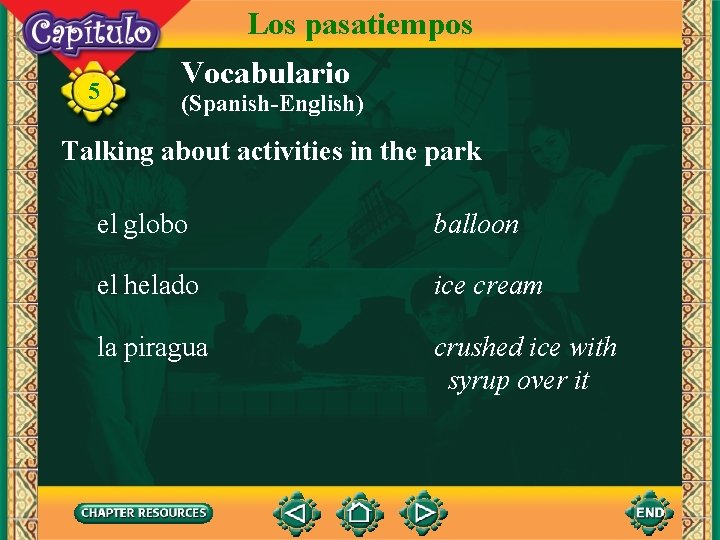 Los pasatiempos 5 Vocabulario (Spanish-English) Talking about activities in the park el globo balloon