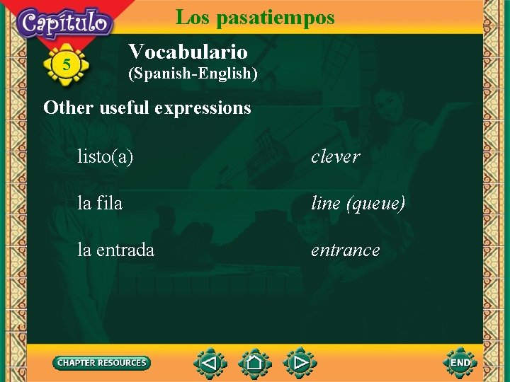 Los pasatiempos Vocabulario 5 (Spanish-English) Other useful expressions listo(a) clever la fila line (queue)