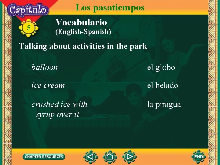 Los pasatiempos 5 Vocabulario (English-Spanish) Talking about activities in the park balloon el globo