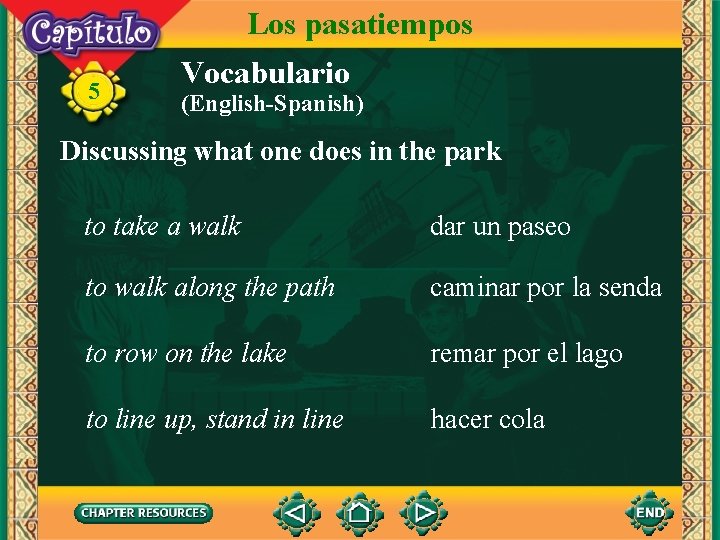 Los pasatiempos 5 Vocabulario (English-Spanish) Discussing what one does in the park to take