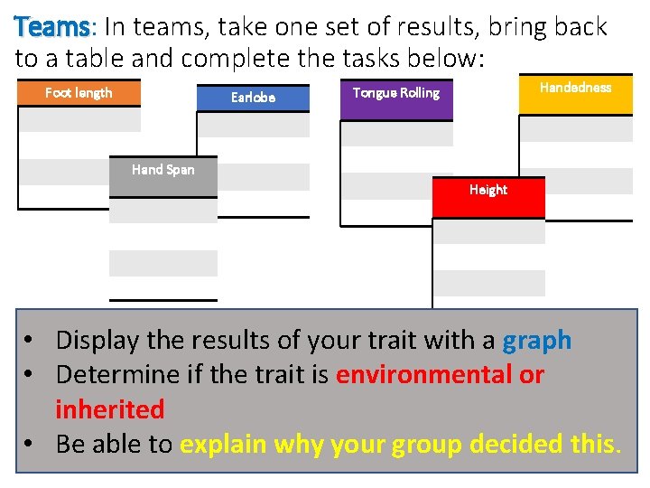 Teams: Teams In teams, take one set of results, bring back to a table