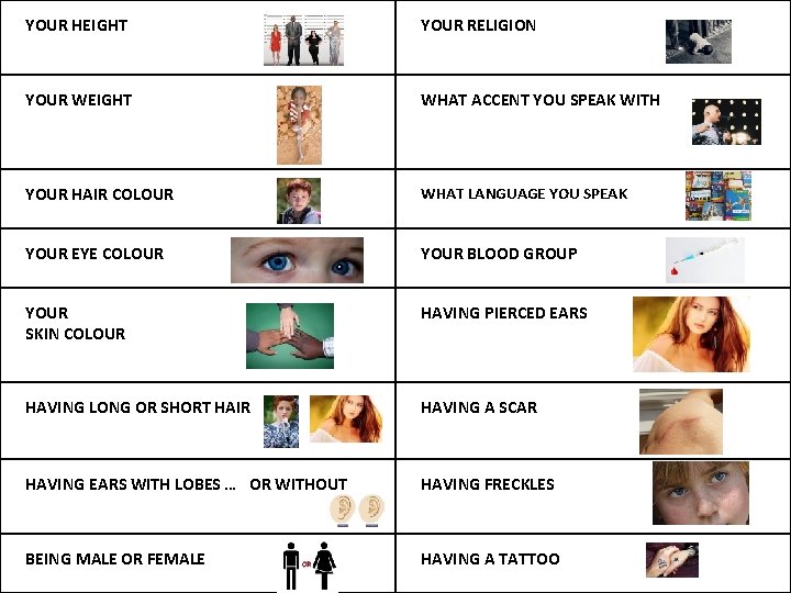 YOUR HEIGHT YOUR RELIGION YOUR WEIGHT WHAT ACCENT YOU SPEAK WITH YOUR HAIR COLOUR