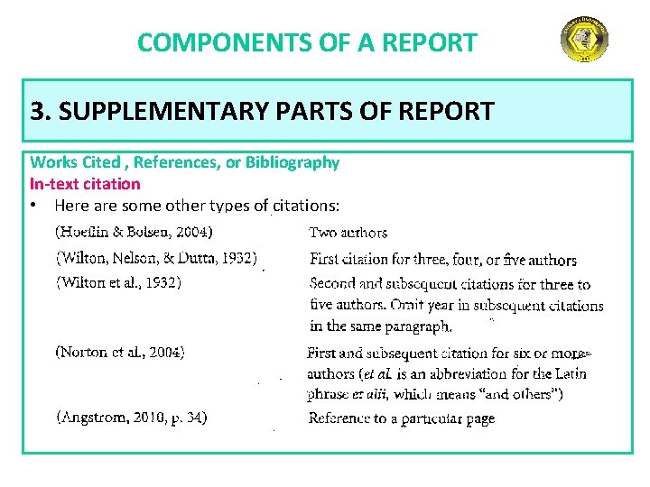 COMPONENTS OF A REPORT 3. SUPPLEMENTARY PARTS OF REPORT Works Cited , References, or