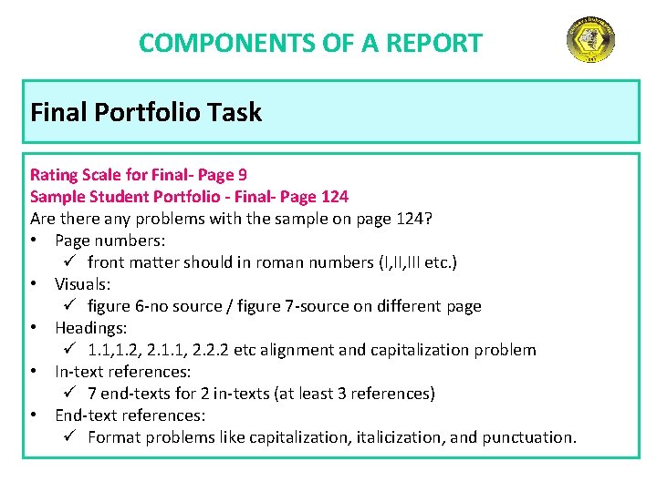 COMPONENTS OF A REPORT Final Portfolio Task Rating Scale for Final- Page 9 Sample