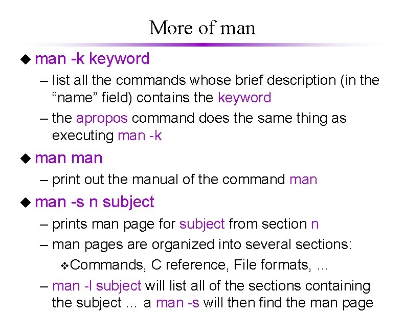 More of man u man -k keyword – list all the commands whose brief