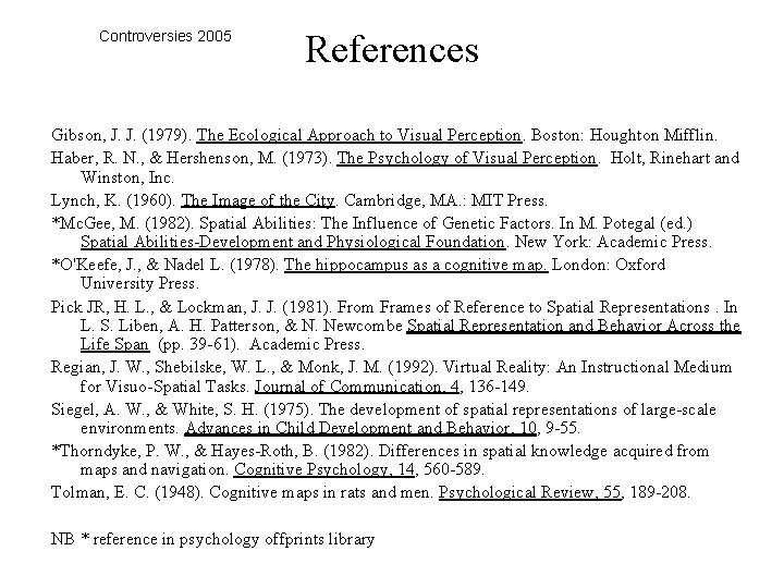 Controversies 2005 References Gibson, J. J. (1979). The Ecological Approach to Visual Perception. Boston:
