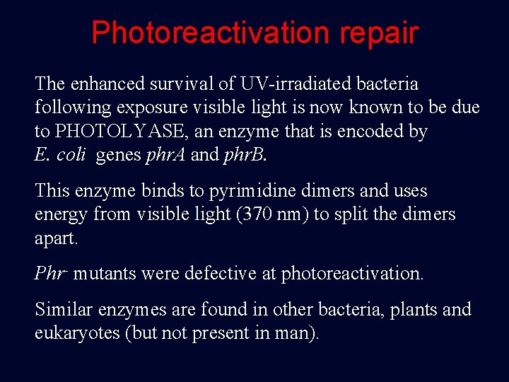 Photoreactivation repair The enhanced survival of UV-irradiated bacteria following exposure visible light is now