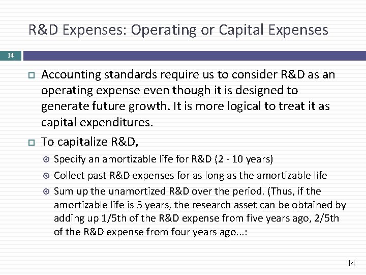 R&D Expenses: Operating or Capital Expenses 14 Accounting standards require us to consider R&D