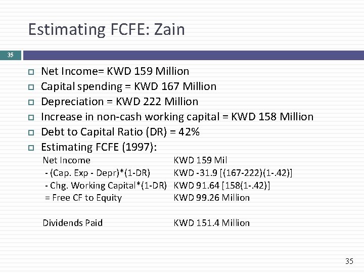 Estimating FCFE: Zain 35 Net Income= KWD 159 Million Capital spending = KWD 167