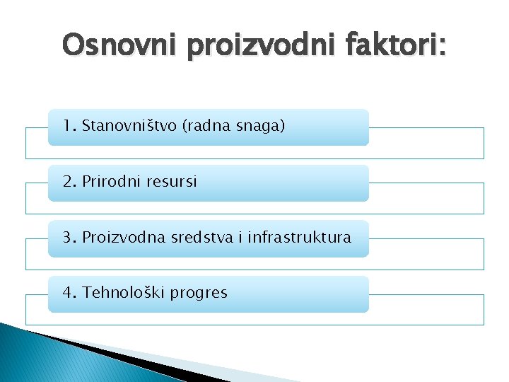 Osnovni proizvodni faktori: 1. Stanovništvo (radna snaga) 2. Prirodni resursi 3. Proizvodna sredstva i Osnovni proizvodni faktori: 1. Stanovništvo (radna snaga) 2. Prirodni resursi 3. Proizvodna sredstva i