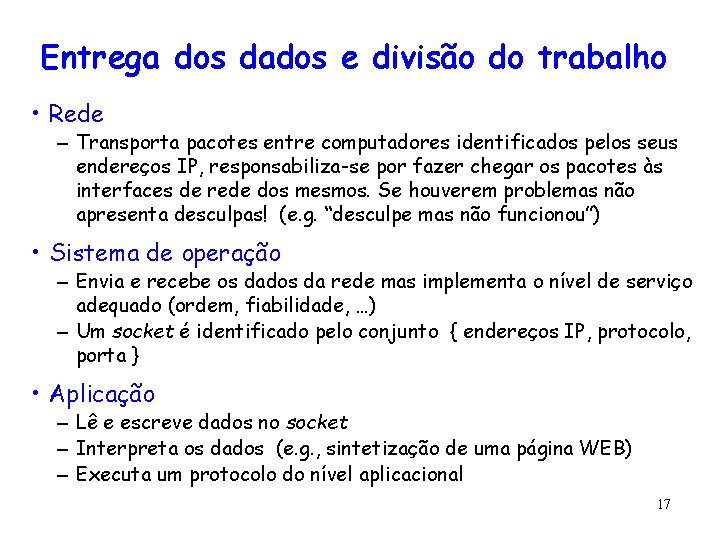 Entrega dos dados e divisão do trabalho • Rede – Transporta pacotes entre computadores