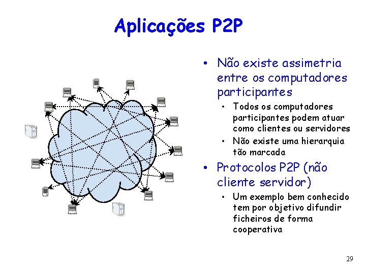 Aplicações P 2 P • Não existe assimetria entre os computadores participantes • Todos