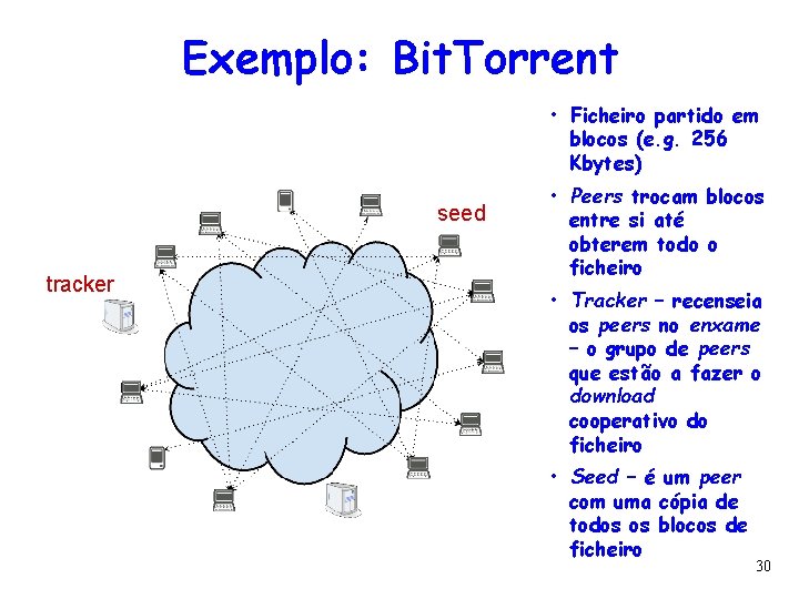 Exemplo: Bit. Torrent • Ficheiro partido em blocos (e. g. 256 Kbytes) seed tracker