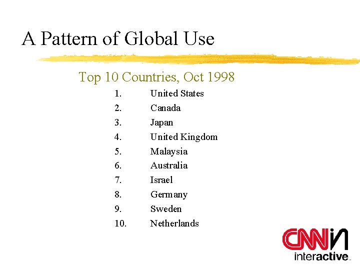 A Pattern of Global Use Top 10 Countries, Oct 1998 1. 2. 3. 4.