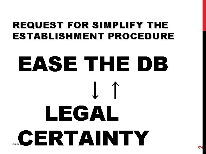 REQUEST FOR SIMPLIFY THE ESTABLISHMENT PROCEDURE EASE THE DB ↓↑ LEGAL CERTAINTY 2 2021/9/7