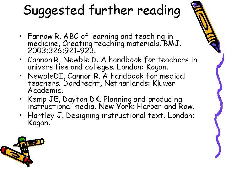 Suggested further reading • Farrow R. ABC of learning and teaching in medicine, Creating