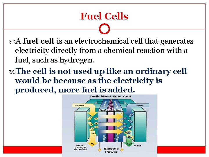 Fuel Cells A fuel cell is an electrochemical cell that generates electricity directly from
