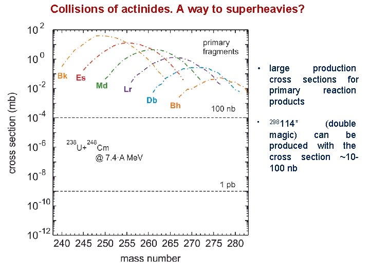 Collisions of actinides. A way to superheavies? • large production cross sections for primary