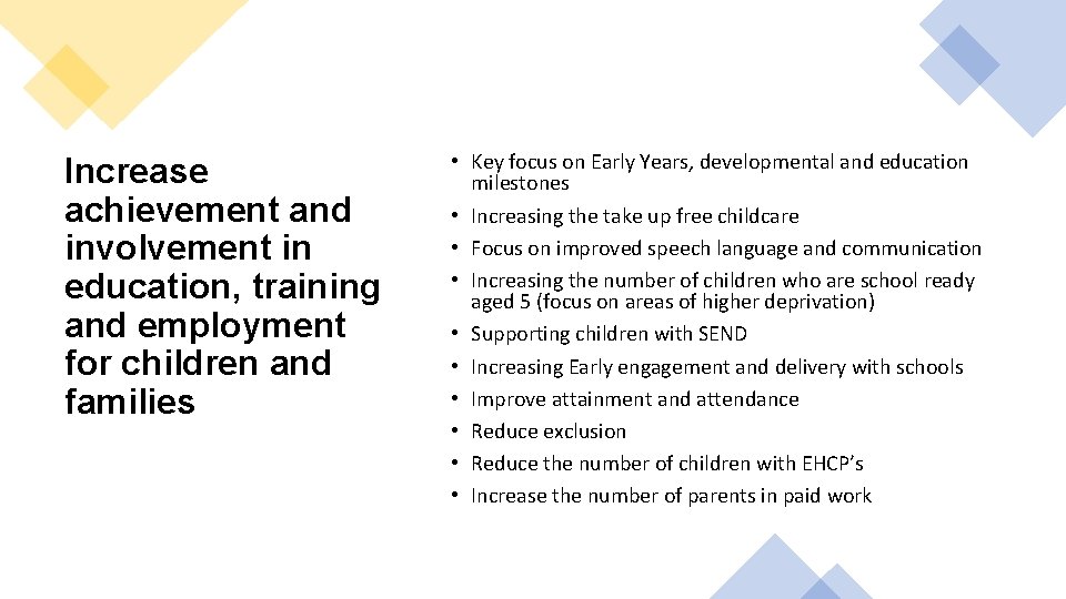 Increase achievement and involvement in education, training and employment for children and families •