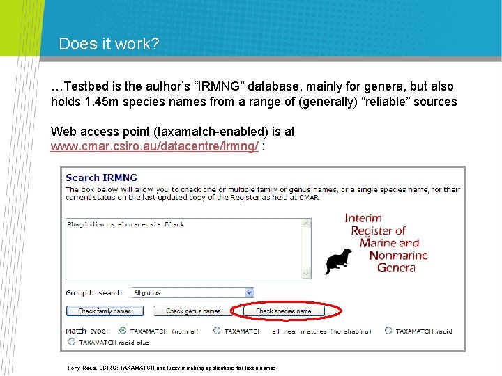 Does it work? …Testbed is the author’s “IRMNG” database, mainly for genera, but also Does it work? …Testbed is the author’s “IRMNG” database, mainly for genera, but also