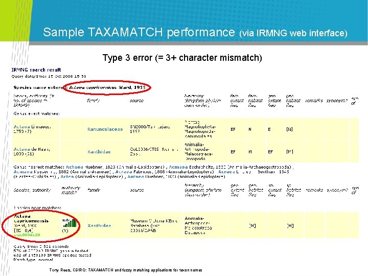 Sample TAXAMATCH performance (via IRMNG web interface) Type 3 error (= 3+ character mismatch) Sample TAXAMATCH performance (via IRMNG web interface) Type 3 error (= 3+ character mismatch)