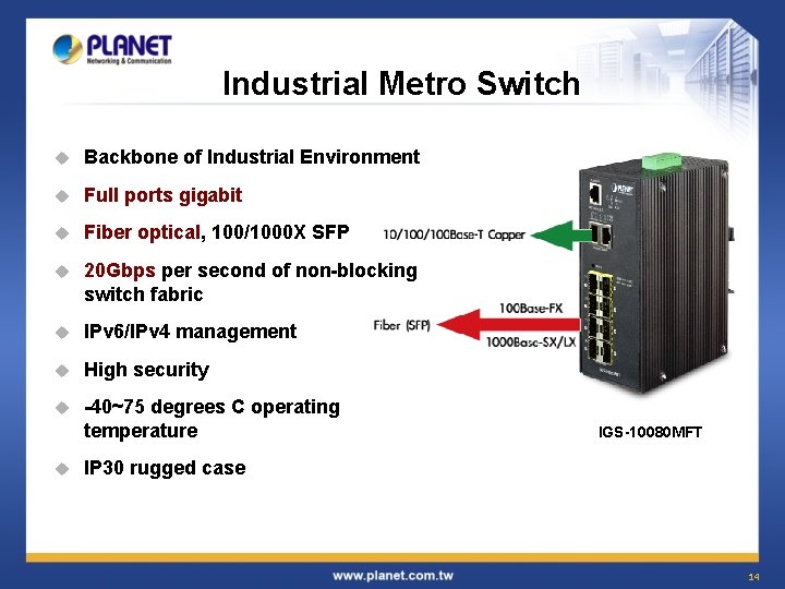 Industrial Metro Switch u Backbone of Industrial Environment u Full ports gigabit u Fiber