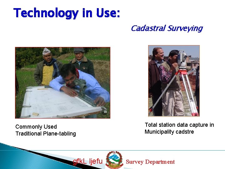 Technology in Use: Commonly Used Traditional Plane-tabling gfk. L ljefu Cadastral Surveying Total station