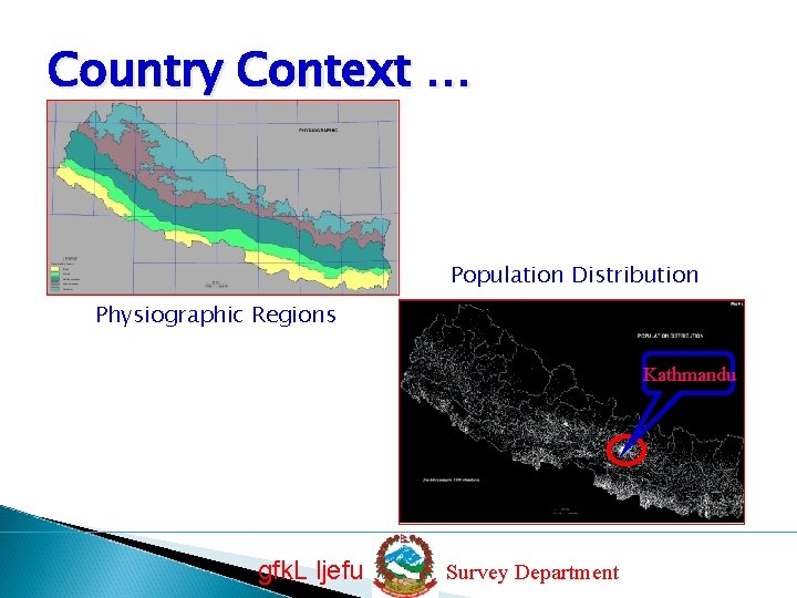 Country Context … Population Distribution Physiographic Regions Kathmandu gfk. L ljefu Survey Department 