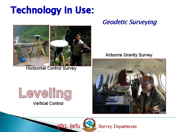 Technology in Use: Geodetic Surveying Airborne Gravity Survey Horizontal Control Survey Leveling Vertical Control