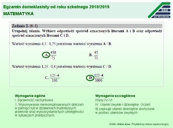 Egzamin ósmoklasisty od roku szkolnego 2018/2019 MATEMATYKA Wymaganie ogólne I. Sprawność rachunkowa. 1. Wykonywanie