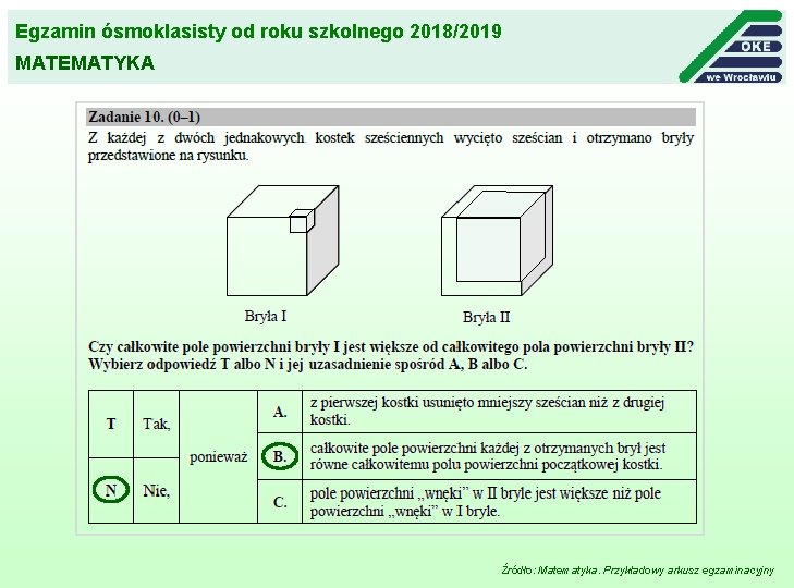 Egzamin ósmoklasisty od roku szkolnego 2018/2019 MATEMATYKA Źródło: Matematyka. Przykładowy arkusz egzaminacyjny 