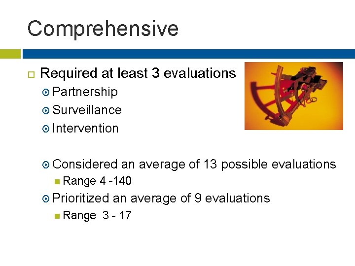 Comprehensive Required at least 3 evaluations Partnership Surveillance Intervention Considered Range 4 -140 Prioritized