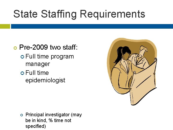 State Staffing Requirements ¢ Pre-2009 two staff: ¢ Full time program manager ¢ Full
