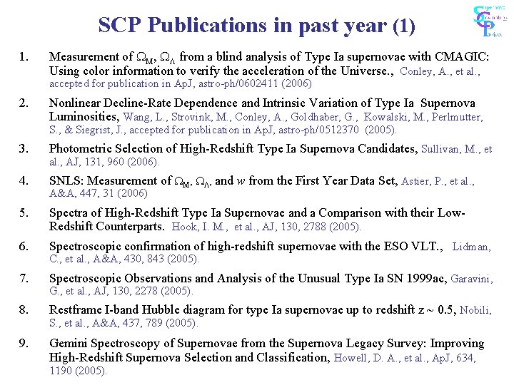 SCP Publications in past year (1) 1. Measurement of , from a blind analysis