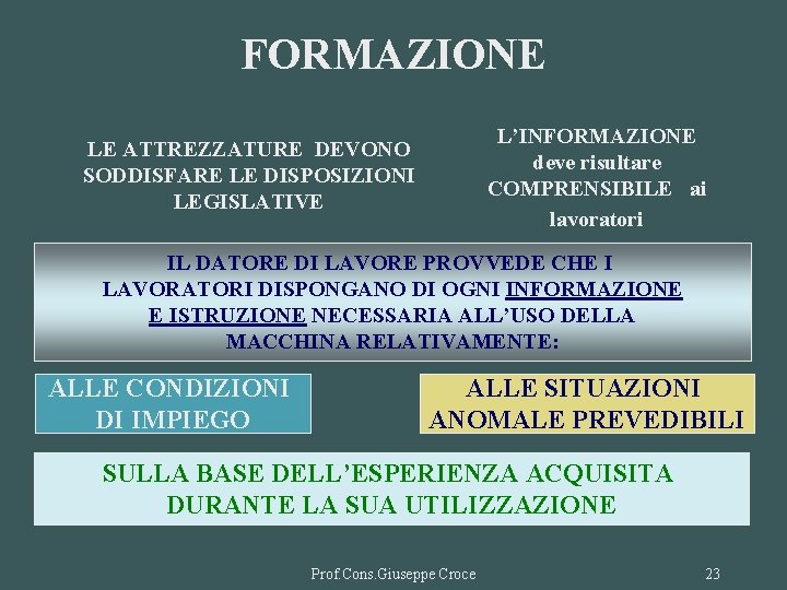 FORMAZIONE L’INFORMAZIONE deve risultare COMPRENSIBILE ai lavoratori LE ATTREZZATURE DEVONO SODDISFARE LE DISPOSIZIONI LEGISLATIVE