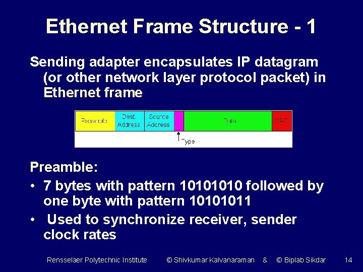 Ethernet Frame Structure - 1 Sending adapter encapsulates IP datagram (or other network layer