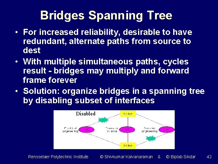 Bridges Spanning Tree • For increased reliability, desirable to have redundant, alternate paths from