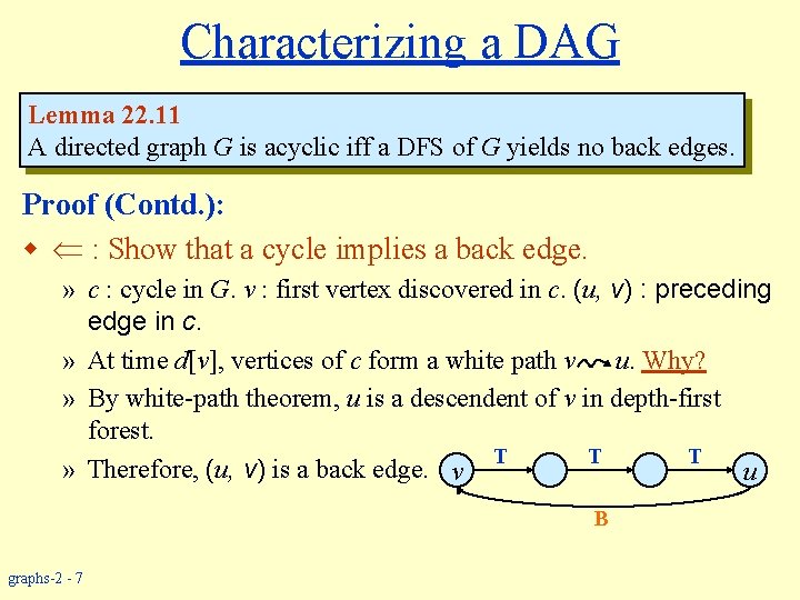 Characterizing a DAG Lemma 22. 11 A directed graph G is acyclic iff a