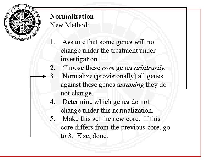 Normalization New Method: 1. Assume that some genes will not change under the treatment Normalization New Method: 1. Assume that some genes will not change under the treatment