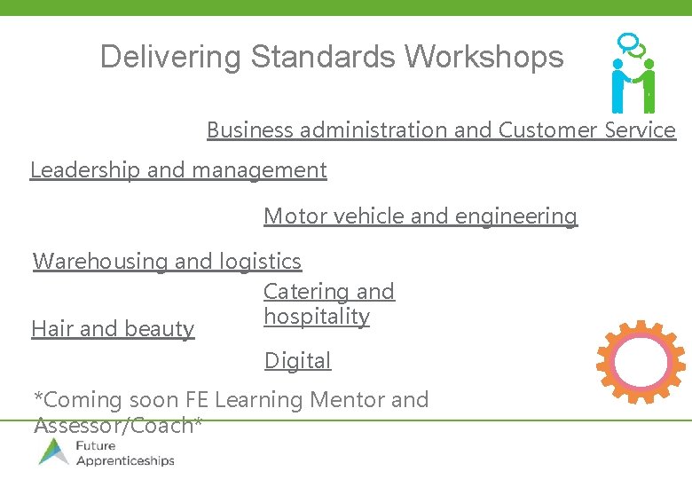 Delivering Standards Workshops Business administration and Customer Service Leadership and management Motor vehicle and