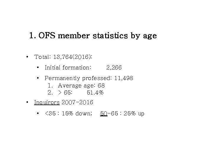 1. OFS member statistics by age • Total: 13, 764(2016): • Initial formation: 2,