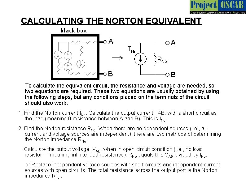 CALCULATING THE NORTON EQUIVALENT To calculate the equivalent circuit, the resistance and voltage are