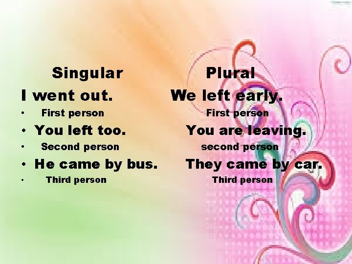 Singular I went out. • First person • You left too. • Second person