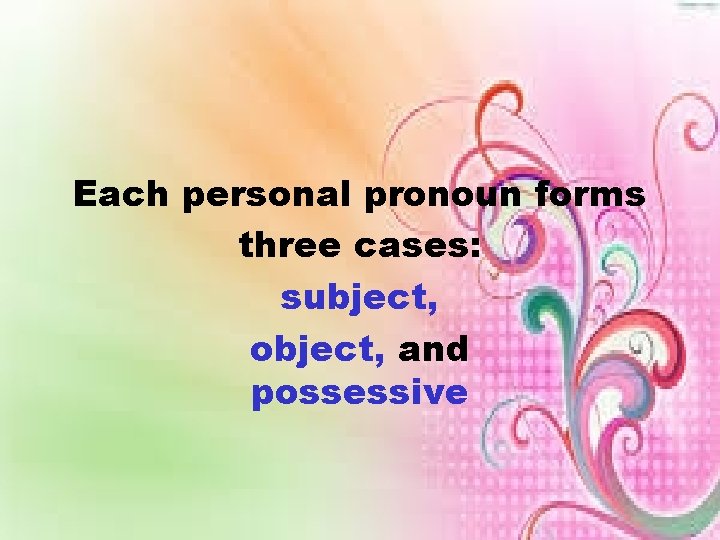 Each personal pronoun forms three cases: subject, object, and possessive 